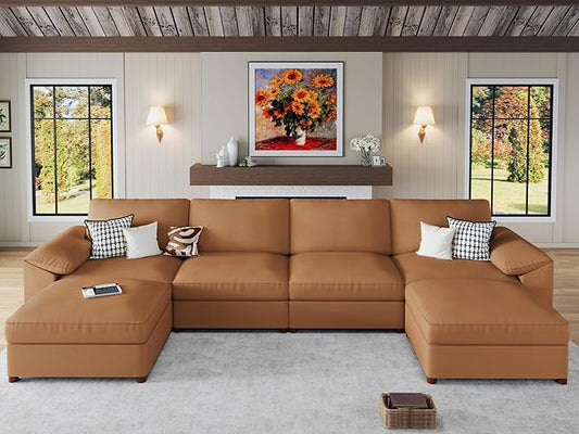 EASE MOOSE Oversized Modular Sectional Sofa,Leather Sectional Couch with Deep Seat,Extra Large U Shaped Couch,Faux Leather Material Sofa Modern Comfy Scratch Resistant,Brown