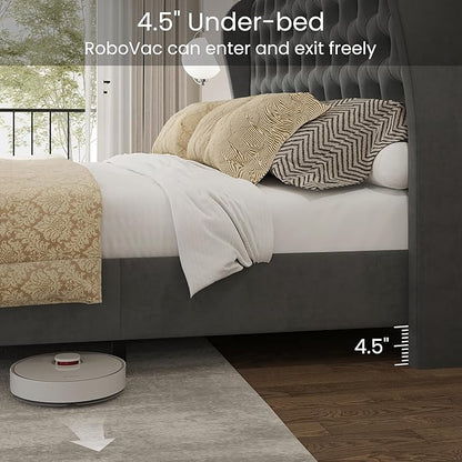 LARMACE Queen Size Bed Frame Velvet Upholstered Platform Bed with Wingback Headboard & Footbaord, Deep Button Tufted Bed Frame with Wood Slats Support, No Box Spring Needed, Grey