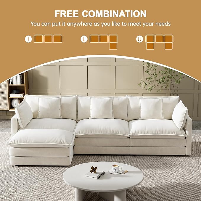 Modular Sectional Sofa, 111.5 Inch L-Shaped Cloud Sofa with Deep Seat Chenille Sofa with Cushions, Three-Self Sectional Sofa for Living Room Apartment,White