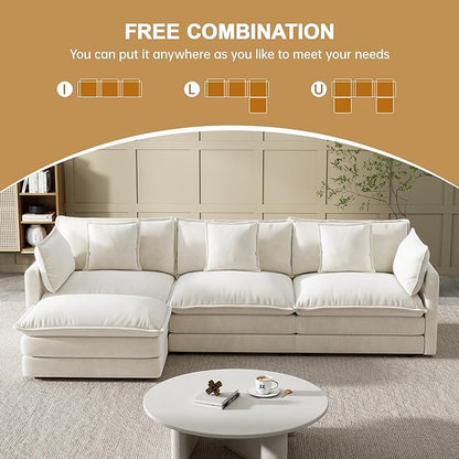 Modular Sectional Sofa, 111.5 Inch L-Shaped Cloud Sofa with Deep Seat Chenille Sofa with Cushions, Three-Self Sectional Sofa for Living Room Apartment,White