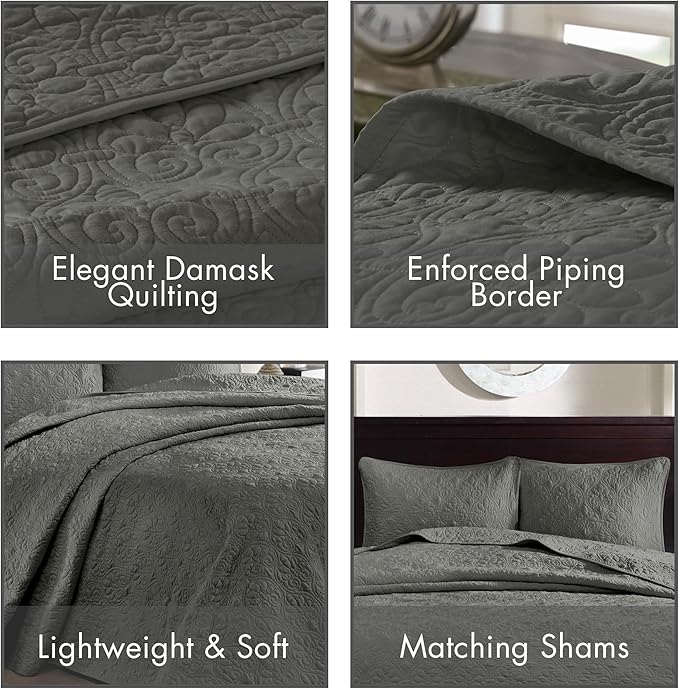 Madison Park Quebec Reversible Quilt Set Damask Design, Double Sided Stitching All Season, Lightweight Bedspread Bedding Set, Matching Sham, Dark Grey, King(120"x118") 3 Piece