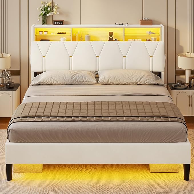 LED Full Bed Frame with Type-C & USB Charging Station, Full Size Bed Frame with Storage Headboard, Modern Velvet Upholstered Platform Bed with Shelf Headboard, Noise-Free, Creamy White