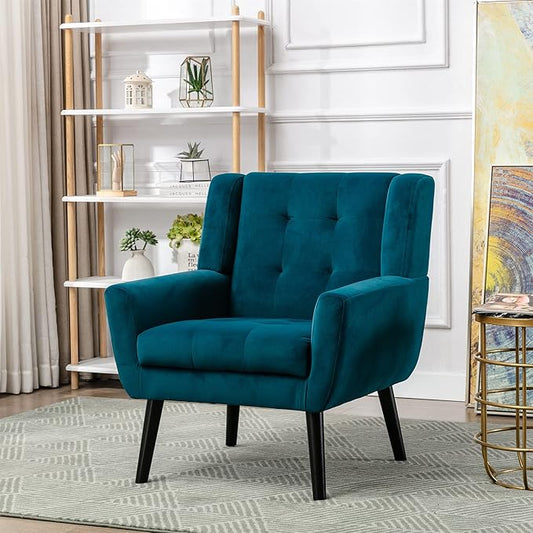 Dolonm Midcentury Modern Accent Chair with Arms, Upholstered Fabric Reading Side Chair Tufted Back Decorative Wingback Chair for Living Room Bedroom (Teal)