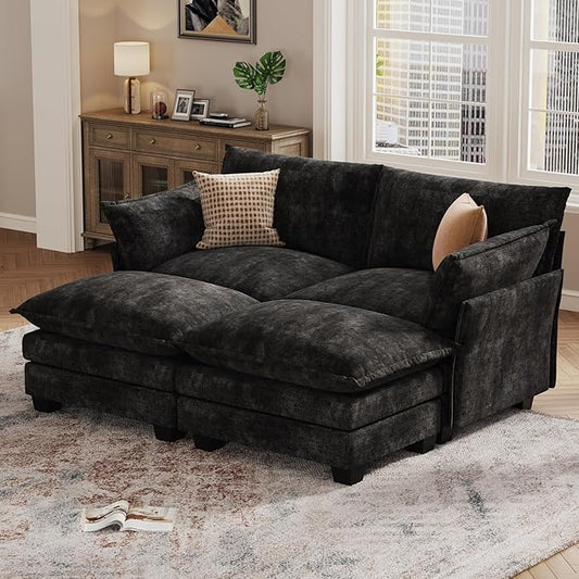 KKL Modular Sectional Sofa Bed, 4 Seater Convertible L-Shaped Sleeper Cloud Couch with Ottoman, Chenille Sectional Couches for Living Room, Apartment Black