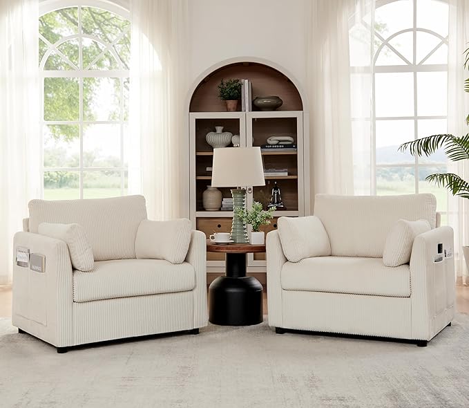 Accent Chair Set of 2 Living Room Chairs in Corduroy Fabric,Reading Chair Sofa couches for Apartment Bedroom and Small Spaces. (Beige, 2 Chairs)