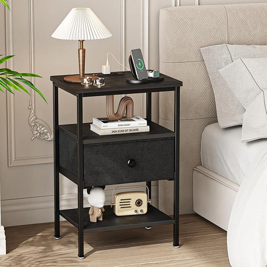 VECELO Night Stand Set 2, Nightstand with Charging Station, End Tables with Open Storage Shelf, Bed Side Tables with Fabric Drawers for Bedroom,Living Room,Classic Black