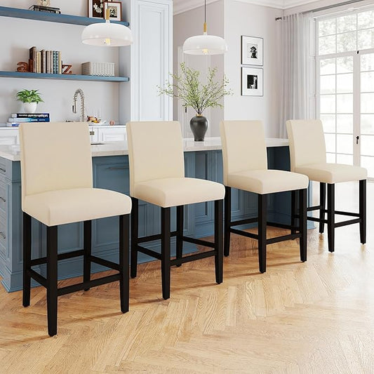LSSPAID Counter Height Bar Stools Set of 4, 24.8 Inch Upholstered Fabric Barstools, Modern Kitchen Island Chairs with Backrest and Solid Wood Legs, Beige