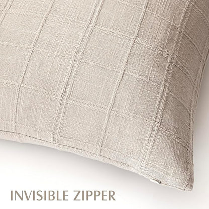 Foindtower Set of 2 Decorative Linen Check Throw Pillow Covers Neutral Farmhouse Vintage Cushion Covers Modern Boho Home Decor for Sofa Chair Couch Bedroom Living Room,16×16 Inch,Natural Linen