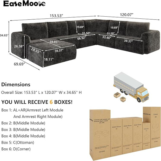 EASE MOOSE Sectional Cloud Couch Oversized for Living Room, 7-Seat Modular Boneless Sofa U-Shaped Sofa with Ottoman, No-Assembly Chenille Couch, Dark Grey