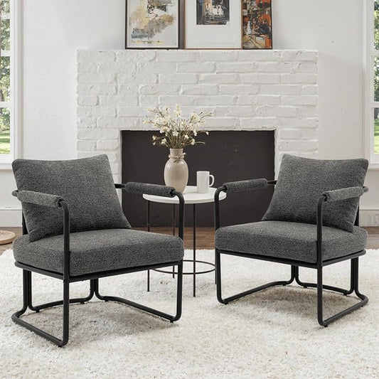 Accent Chairs Set of 2 for Living Room, Mid Century Modern Upholstered Reading Armchairs for Bedroom, Office, with Comfy Chenille Cushion & Metal Frame, Dark Grey