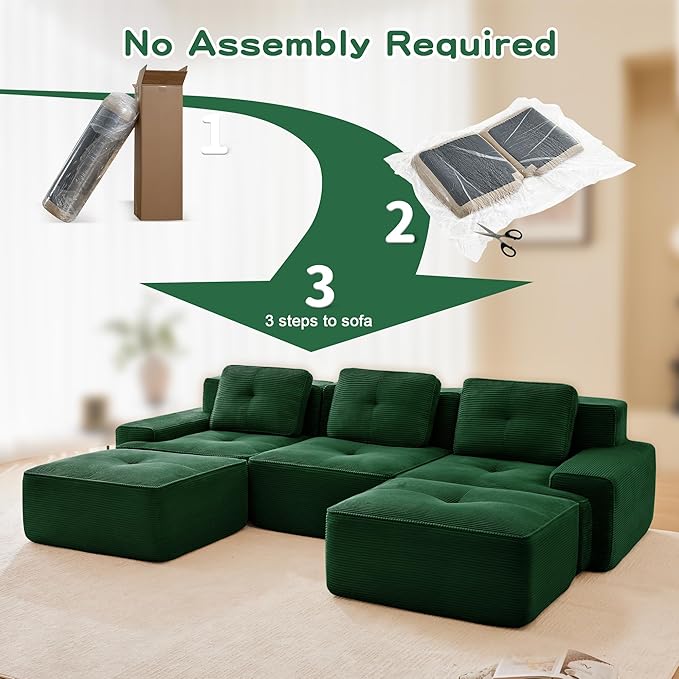 115.3” Green Boneless Couches for Living Room, Modular Sectional Sofa with U-Shape Chaise, 3 Seater Comfy Upholstered Deep Seat Corduroy Fabric Cloud Couch No Assembly, Anti-Slip Design