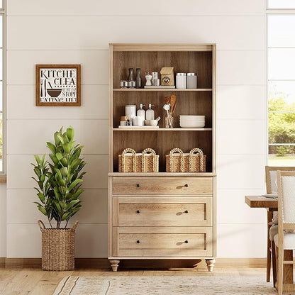 WAMPAT 3 Tier Bookshelf with 3 Drawers, 72" Tall Bookcase Large Farmhouse Display Book Case Shelf with 3-Tier Open Book Shelfs，Library Wood Bookshelves for Living Room,Kitchen, Oak