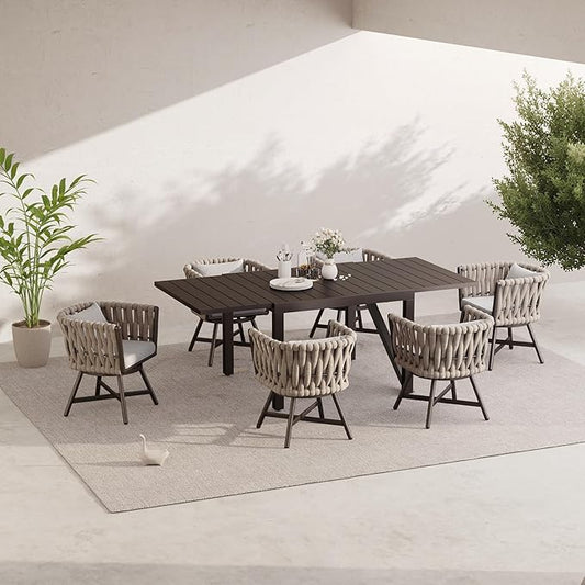 Grand patio 7-Piece Outdoor Dining Set for 6, Patio Dining Furniture Set for 6 Swivel Rope Wicker Chairs & 1 Expandable Rectangular Dining Table, Light Gray Brown