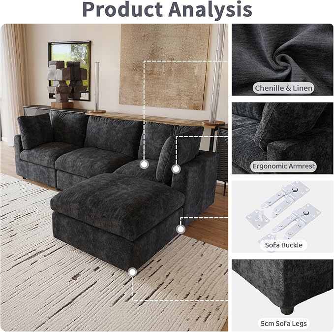 Modular Sectional Sofa with Ottoman,167inch U Shaped Convertible Cloud Couch,8 Seater Convertible V Shaped Living Room Sets,Cover Washable and Replaceable Couches for Living Room,Black