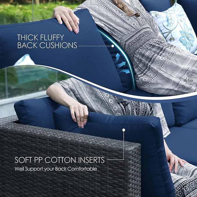 NICESOUL 18 Piece Patio Furniture Set with Fire Pit Table and Chaise, Modern Huge Complete Outdoor Wicker Couch Sets with Firepit and Loungers, 14-Seats Outdoor Seating Sectional Comfy Wide, Gray&Navy