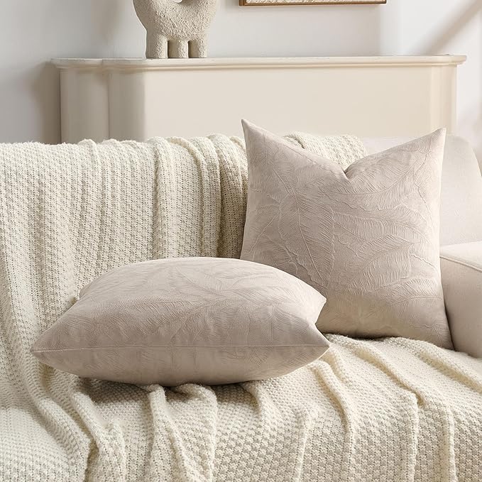 FUTEI Oatmeal Velvet Throw Pillow Covers 26x26 Inch Set of 2,Soft Embossed Leaf-Relief Textured Euro Pillow Shams,Natural Home Decor for Couch Living Room