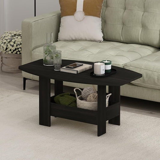 Furinno Simple Design Coffee Table, 2-Tier Modern Coffee Table with Lower Shelf, Round Corner Side Table, for Living Room, Bedroom, Home Office, Espresso