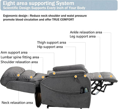 Power Lift Recliner Chair for Adults Elderly Lay Flat Velvet Recliners with Massage Heating, Extended Footrest, Wireless Charging Device, USB Ports, Cup Holder, Lumbar Pillow
