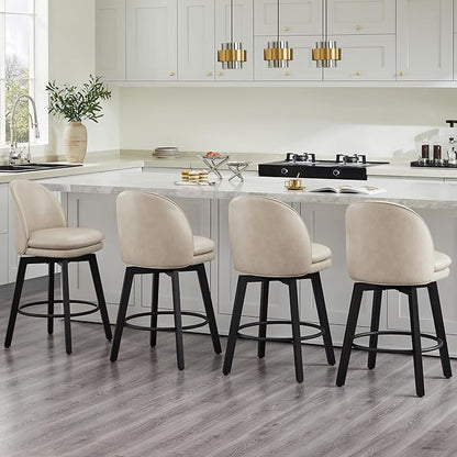 Counter Height Barstools 26 inch Upholstered Swivel Bar Stools with Back and Wood Legs for Kitchen Island,Set of 4,Beige PU Leather-Armless
