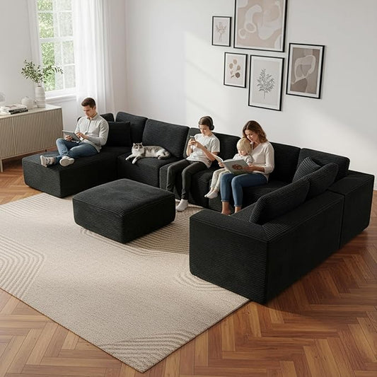 Modular Sectional Cloud Couch for Living Room,Modern Boneless Couche Set with Plush Corduroy,Comfy Floor Sofa with Memory Foam,Stupendous U Shaped Sofa with Ottoman,No Assembly Required,Black