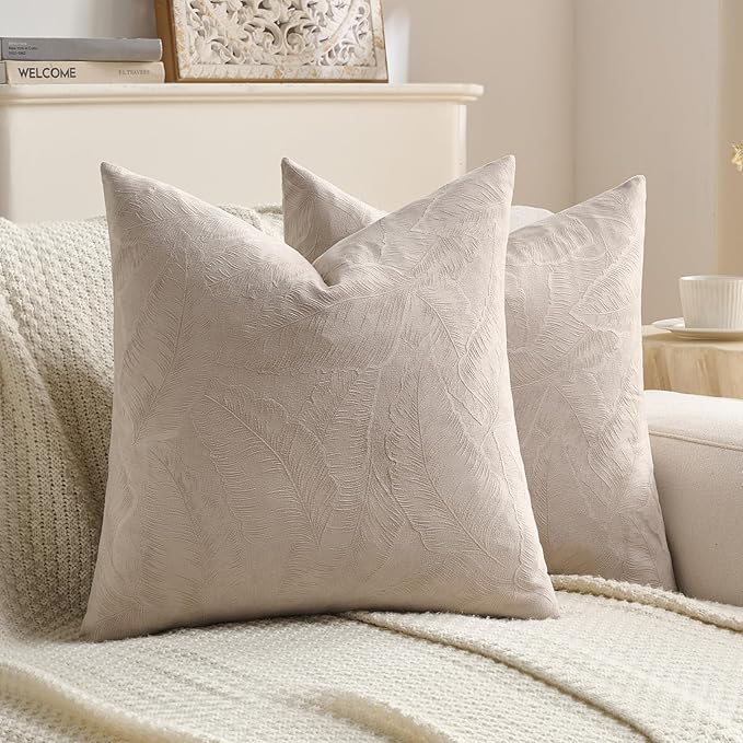 FUTEI Oatmeal Velvet Throw Pillow Covers 16x16 Inch Set of 2,Soft Embossed Leaf-Relief Textured Cushion Cases,Natural Home Decor for Couch Living Room