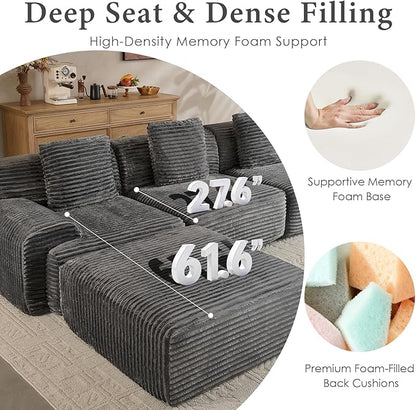 VK·LIVING 113" Cloud Sectional Couch, 61.6" Deep Seat Boneless Modular Sofa with Wide Armrests, Plush Corduroy Memory Foam Couch for Living Room, No Assembly, Dark Gray