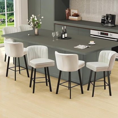 Swivel Counter Height Bar Stools Set of 2, 26'' Modern Barstools with Backs and Metal Legs, Upholstered Bar Chairs, Faux Leather White Stools for Kitchen Island Chairs
