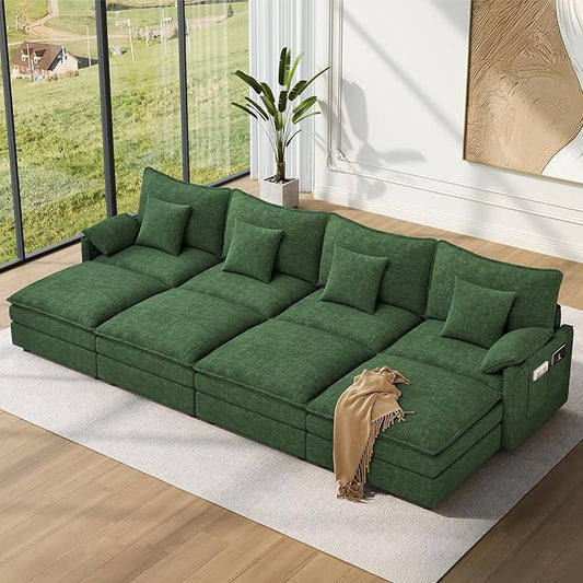 Vesgantti 142" Oversized Sectional Sofa Bed, 8-Seater Modular Sleeper Cloud Couch with Movable Ottoman, Chenille Convertible Sofa Set Deep Seat Couches for Living Room, Bedroom and Apartment, Green