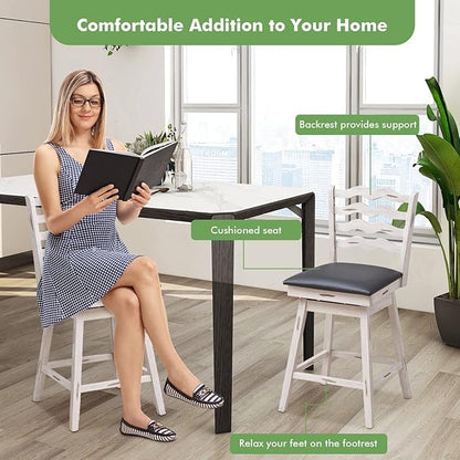 COSTWAY Bar Stools Set of 4, 25” 360° Swivel Counter Height Chairs with Rubber Wood Frame, Cushioned Seat, Ergonomic Backrest & Footrest, Wooden Upholstered Barstools for Kitchen Island (4, 25”)