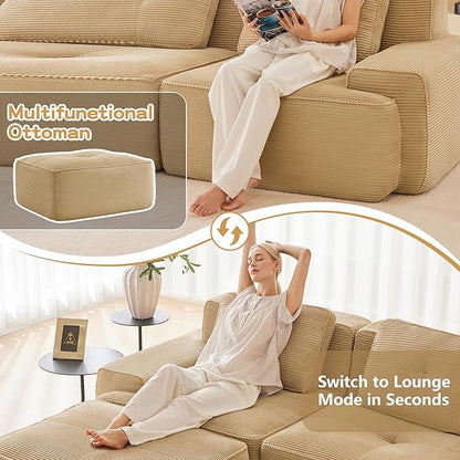 115.3” Camel Boneless Couches for Living Room, Modular Sectional Sofa with L-Shape Chaise, 3 Seater Comfy Upholstered Deep Seat Corduroy Fabric Cloud Couch No Assembly, Anti-Slip Design