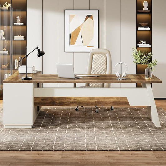 Tribesigns L-Shaped Executive Desk, 78-Inch Modern Office Desk with Drawers and Lateral File Cabinet, Large Bussiness Furniture with Storage Shelves, Workstation for Home Office (Brown + White)