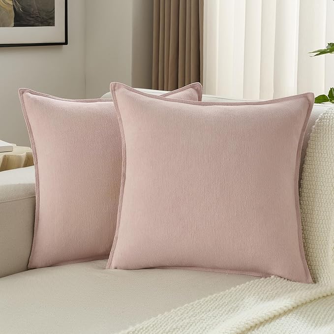 FUTEI Pink Chenille Throw Pillow Covers 24x24 Inch Set of 2,Edges Double-Stitched European Cushion Cases,Modern Home Decor for Couch Living Room