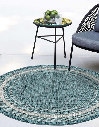 Unique Loom Outdoor Border Collection Area Rug - Soft Border (3' 1" Round, Teal/ Ivory)