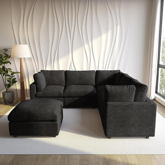 WJShome Cloud Couch Modular Sectional Sofa,100.5" V Shaped Couch, Convertible Wide Seater with Ottoman, 6 Seater for Living Room Set,Covers Washable&Replaceable,Black