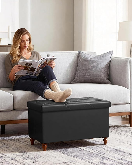 GLAXYFUR 30 Inches Storage Ottoman Bench with Wooden Legs, Faux Leather Folding Ottoman Foot Rest, Storage Bench for Living Room, Hallway & Bedroom, Black