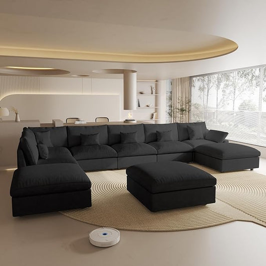 Modular Cloud Sofa, 192" Cloud Sectional Couches with Deep Seat,Down Filled Linen U-Shape 8-Seater Couch with Ottoman for Living Room, Washable Cover, Wide Armrest in Black