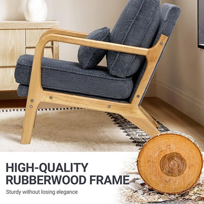 Modern Accent Chair Set of 2 with Lumbar Pillow, Relaxing Mid Century Chair Armchair with Solid Wood Frame & Soft Cushion, Reading Leisure Armchair for Living Room, Blue