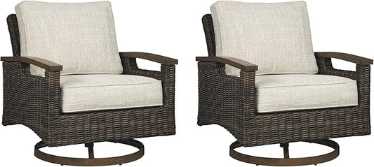 Signature Design by Ashley Paradise Trail Outdoor Swivel Upholstered Lounge Chair with All Weather Cushion, Set of 2, Cleanable Performance Fabric, Beige