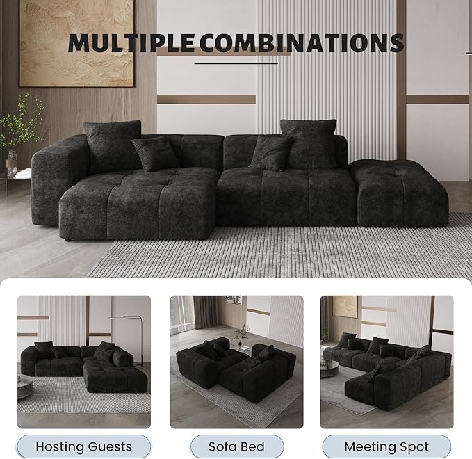 WJShome 144" Sectional Couches for Living Room,Modular Sectional Sofa, U Shaped Couch, Linen Deep Seat Cloud Couches with Pillow for Living Room,Black