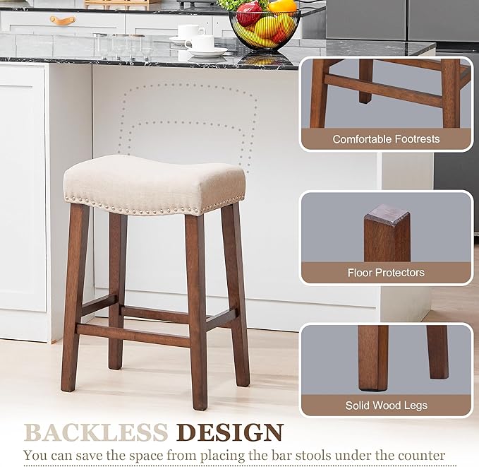 PrimeZone Counter Height Bar Stools Set of 6 - Backless Saddle Barstools with 4.3" Thick Upholstered, Nailhead Trim Linen Fabric & Solid Wood Legs, 26 Inch Counter Stools for Kitchen Island, Beige
