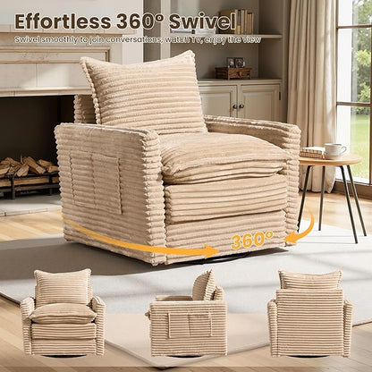 Swivel Accent Chair Set of 2, Modern Sofa Chairs for Living Room, Plush Upholstered Cloud Chair with Double Layer Thick Cushions, Bedroom Reading Nook Armchair, Beige
