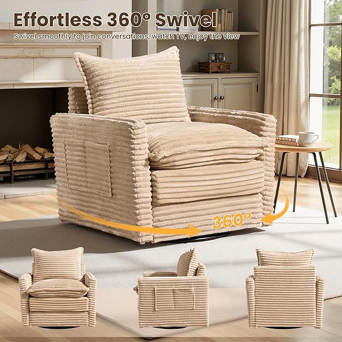98" Modular Sectional Sofa with Swivel Chairs, Modern Cloud Couch Plush Corduroy 3 Seater Deep Seat Sofas Set & Accent Armchair Set of 2 for Living Room, Beige