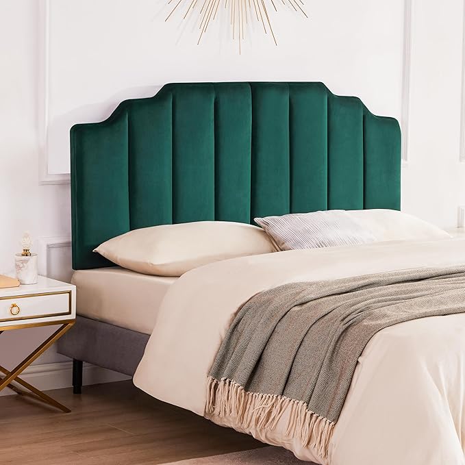 King Upholstered Headboard, Velvet Tufted Headboard only, Elegantly Curved King Size Headboards only, Modern Vertical Channel Design Bed Headboards, Dark Green