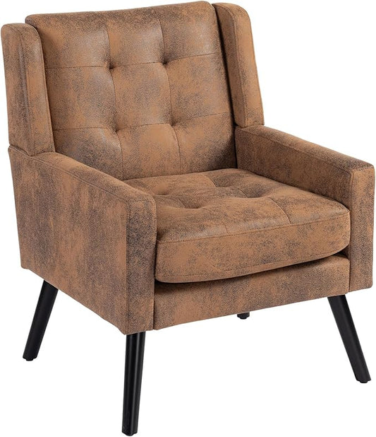 Mid-Century Modern Accent Chair, Plush Suede Fabric with Button Tufted High Back & 5" Thick Cushion, High Comfort Reading Chair for Living Room, Bedroom, Office (Brown)
