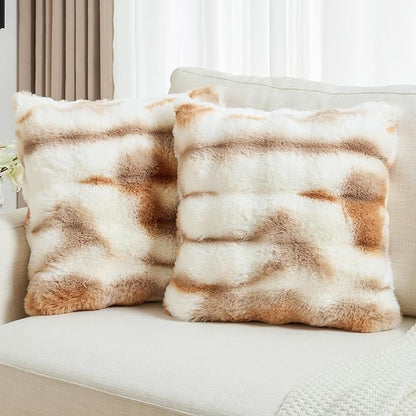 FUTEI Brown White Decorative Throw Pillow Covers 24x24 Inch Set of 2,Soft Fuzzy Faux Rabbit Fur European Cushion Covers with Raised Texture,Neutral Boho Home Decor for Couch Bed Living Room