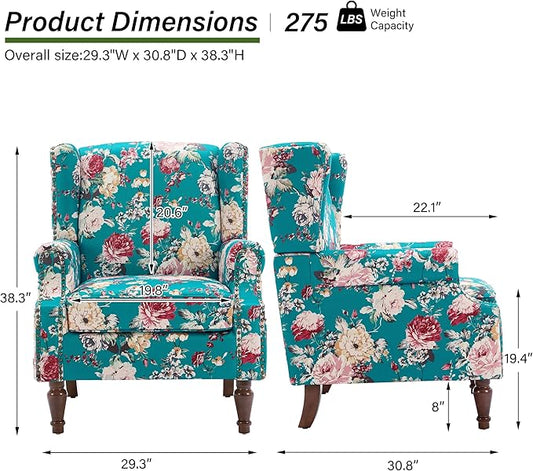 Accent Chair, Upholstered High Back Floral Armchair with Nailhead Trim & Wood Legs, Comfy Wingback Reading Single Sofa Chair for Small Spaces, Living Room, Bedroom ( Peacock Blue Floral, Set of 1)