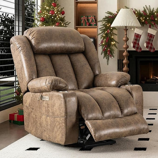 HUSFU Oversized Power Lift Recliner Chair with Massage and Heat for Elderly, Electric Leather Recliner with 2 Cup Holders, Side Pocket and USB Port,Brown