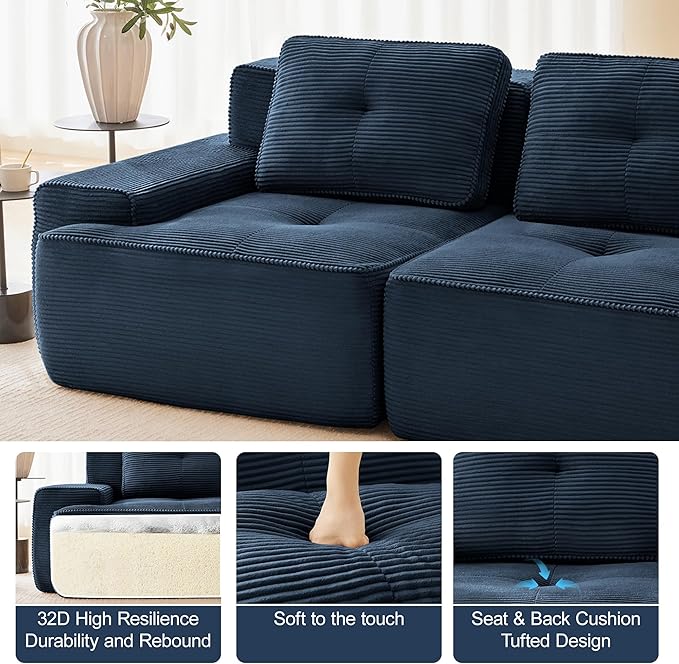 115.3” Blue Boneless Couches for Living Room, Modular Sectional Sofa with U-Shape Chaise, 3 Seater Comfy Upholstered Deep Seat Corduroy Fabric Cloud Couch No Assembly, Anti-Slip Design