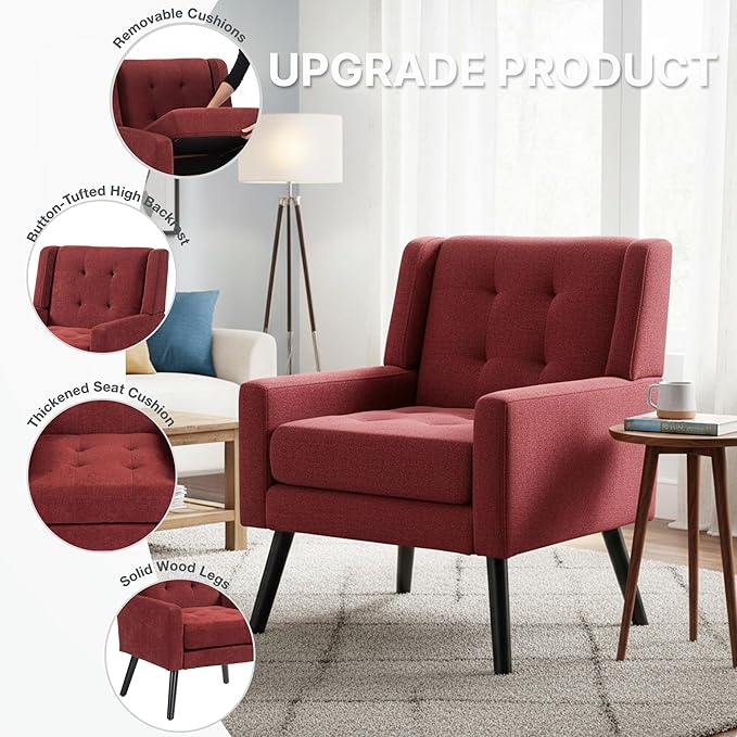 Mid-Century Modern Accent Chair Set of 2, Plush Linen Fabric with Button Tufted High Back & 5" Thick Cushion, High Comfort Reading Chair for Living Room, Bedroom, Office (Red)