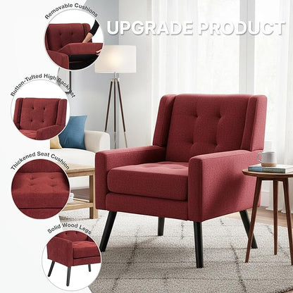 Mid-Century Modern Accent Chair Set of 2, Plush Linen Fabric with Button Tufted High Back & 5" Thick Cushion, High Comfort Reading Chair for Living Room, Bedroom, Office (Red)